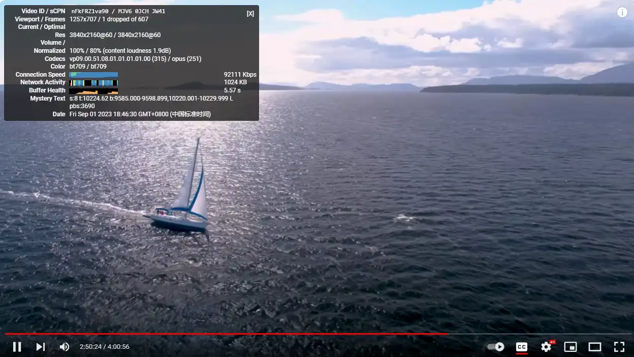 湖南电信100M,YouTube 4K视频,可以流畅观看的,测试时间图上可以看